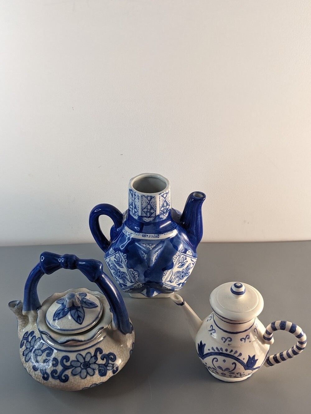 Vintage Blue And White Decorative Mini Teapot Collection Ceramic Lot Of 3